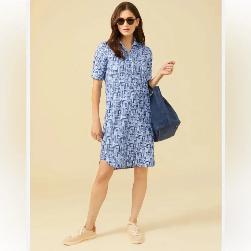 J. McLaughlin Arissa Beachprints Stretch Shirt Dress L Blue Collared Knee Length